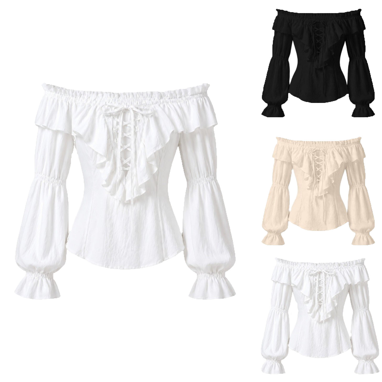 Medieval Gothic Lace Up Pirate Shirt - Kadın Korsan Gömleği Rönesans Gotik Fırfırlı