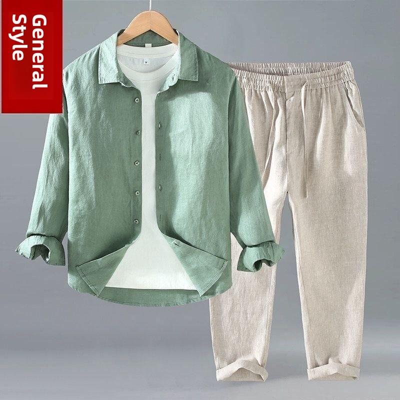 Mens Linen Shirt Long Sleeve - Yazlık Pamuklu Keten Gömlek Pantolon Takımı