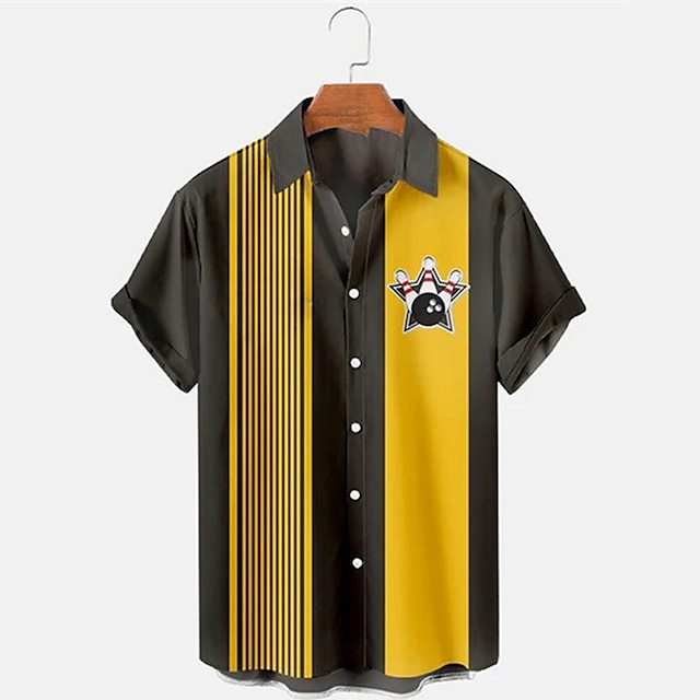 Short Sleeve Bowling Shirt Retro - Erkek Çizgili Bowling Desenli Baskılı Kısa