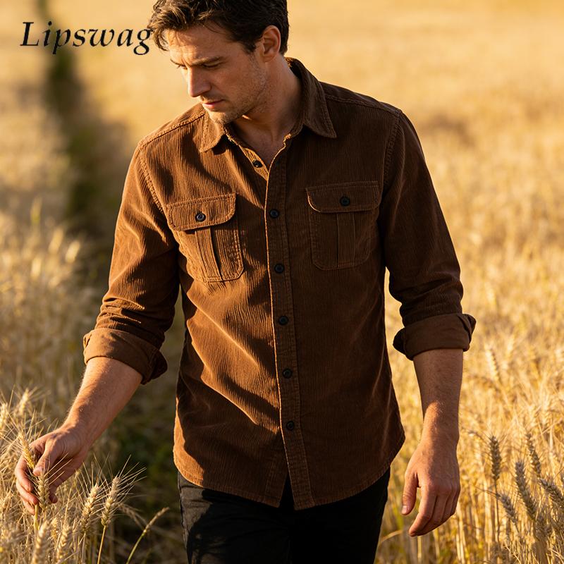 Corduroy Button Up Shirt Men - Vintage Düz Renk Kordonlu Gömlek Ceket