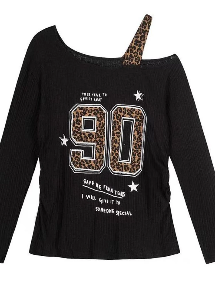 T-Shirts - Y2K Patchwork Leopar Desenli Tişört Kadın