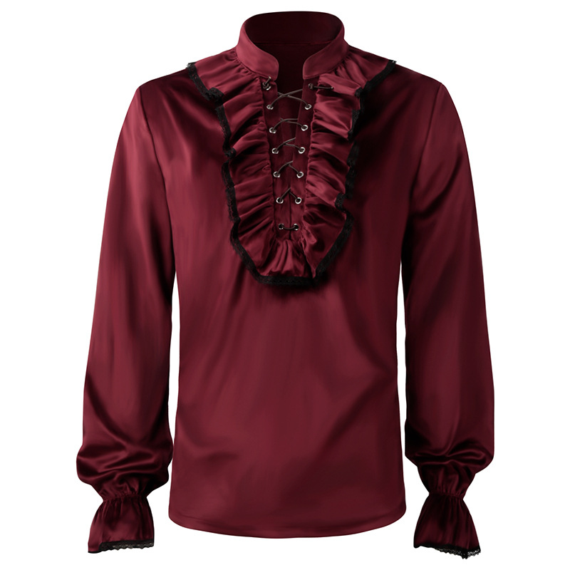 Medieval Gothic Lace Up Pirate Shirt - Kırmızı dantel Up Ruffles fener kollu