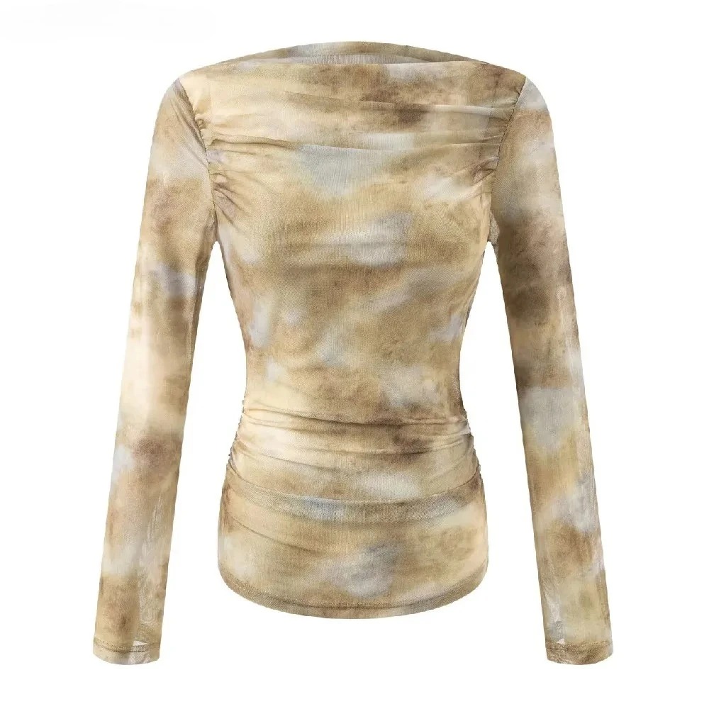 T-Shirts - 2025 Seksi Tie-Dye Baskılı Büzgülü Omuzlu