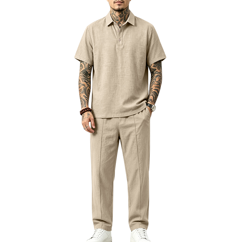 Mens Linen Shirt Long Sleeve - Erkek 2 Parça Polo Takımı Kısa