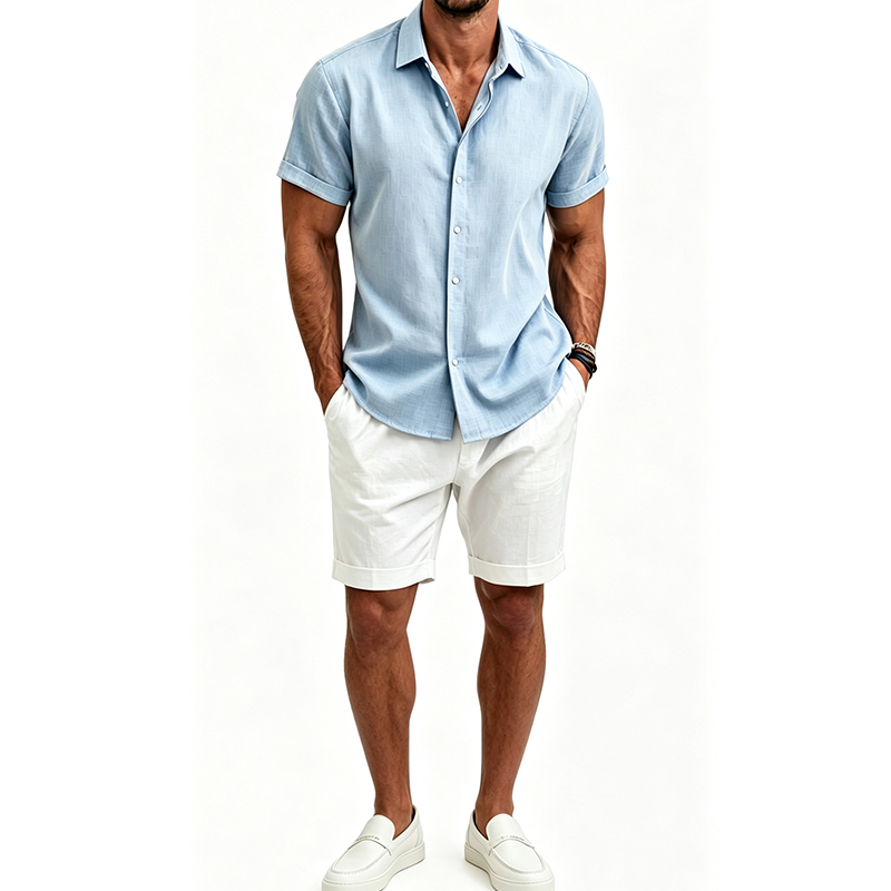 Mens Linen Shirt Long Sleeve - Erkek Pamuklu Keten Gömlek Takımı Yazlık