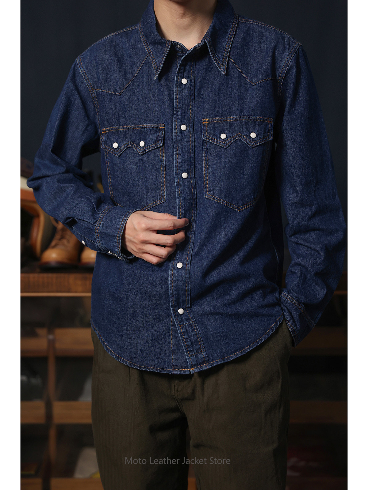 Mens Western Denim Pearl Snap Shirt - Amerikan Retro Batı Tarzı Kot Gömlek