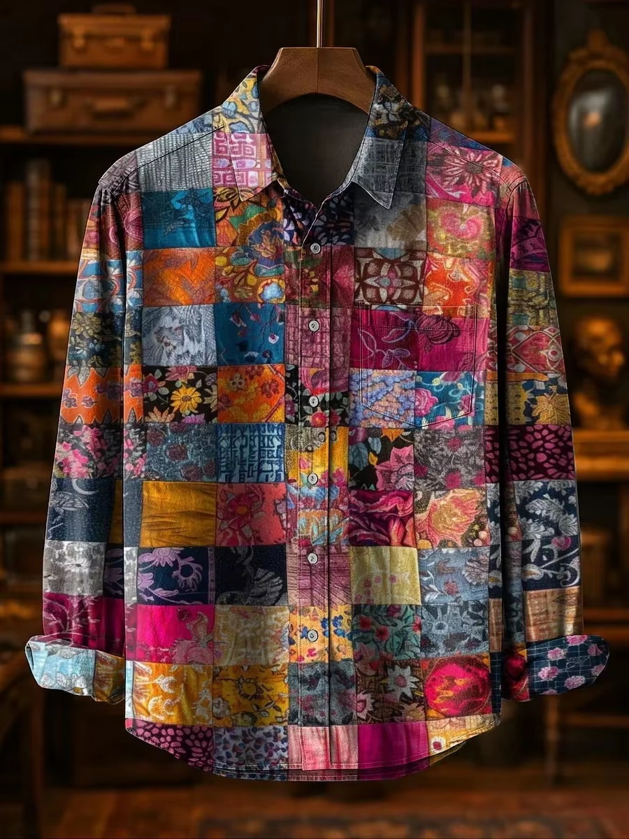 Mens Linen Shirt Long Sleeve - Erkek Modası Günlük Moda Patchwork Tasarımlı