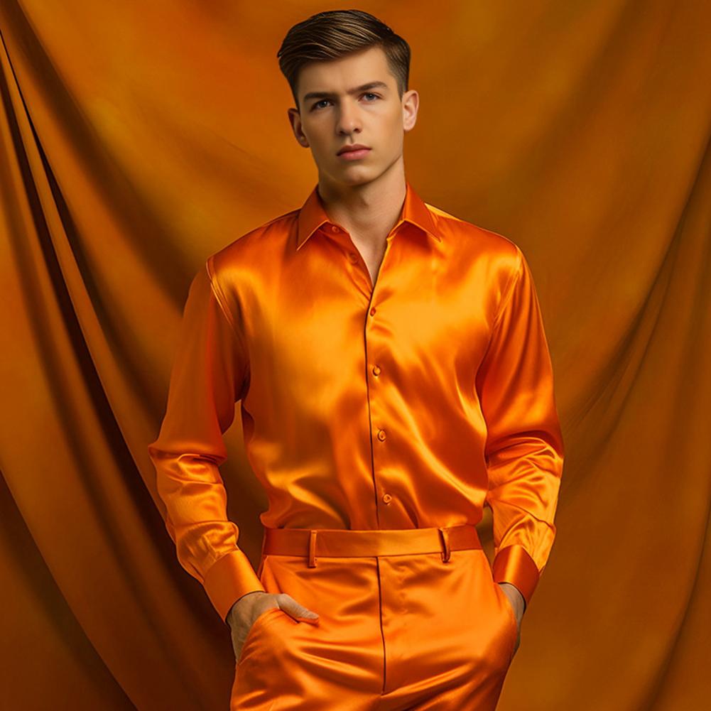 Mavi Turuncu Kırmızı Sarı Sate - Mens Satin Silk Dress Shirt incelemesi ve fiyatı