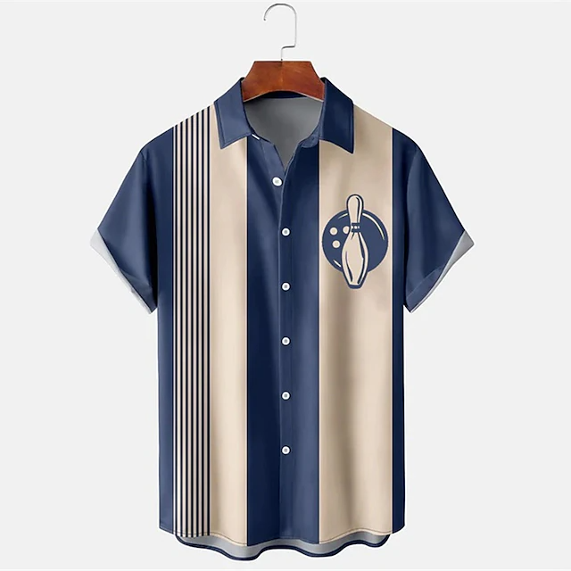 Erkek Çizgili Bowling Desenli  - Short Sleeve Bowling Shirt Retro incelemesi ve fiyatı
